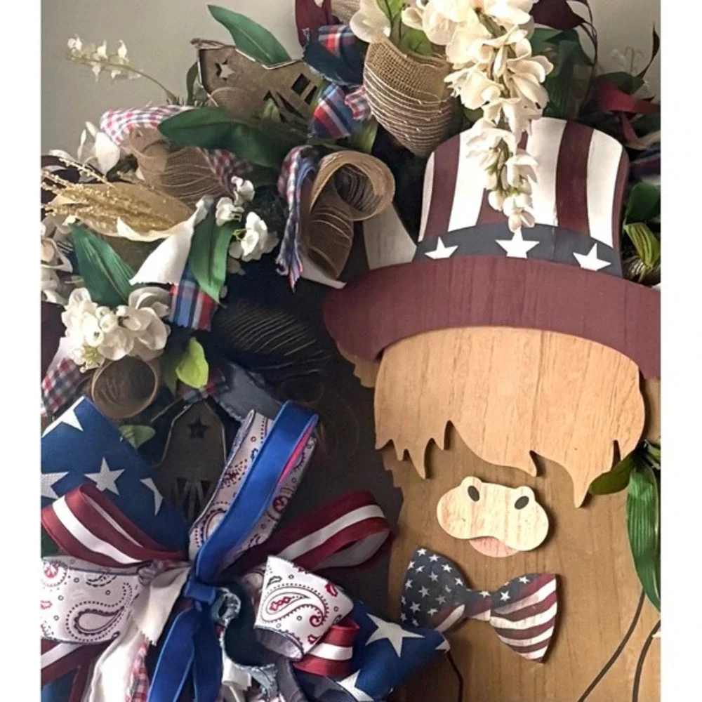 Grand Patriotic Highland Cow‎ Wreath Patriotic Americana Decor